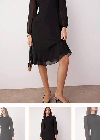 Siyah Midi V Yaka Kemerli Kadın Elbise - Görsel 2