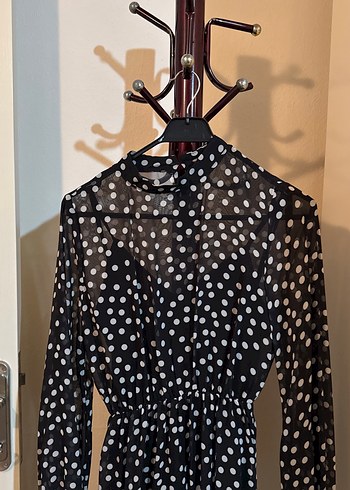 Siyah Beyaz Puantiyeli Uzun Kadın Elbise - Görsel 2