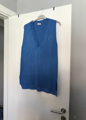 Mavi V Yakalı Örgü Kadın Süveter - Görsel 2