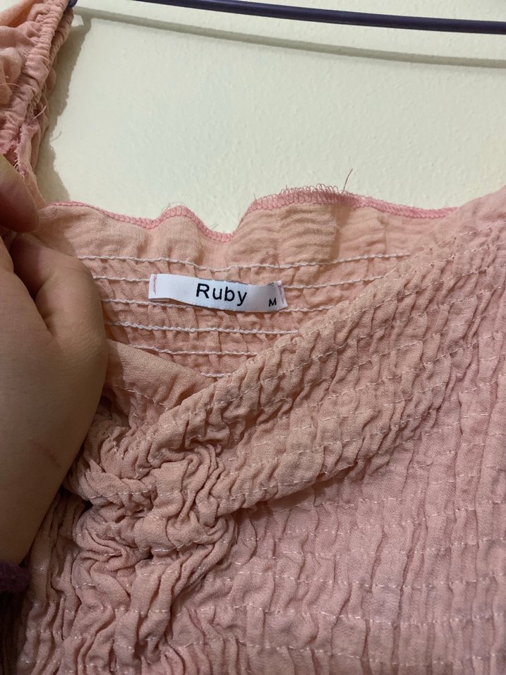 Pembe Keten Straplez Fırfırlı Bluz - Görsel 2