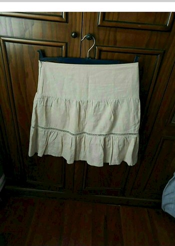 Mudo Beyaz Keten Fırfırlı Mini Etek