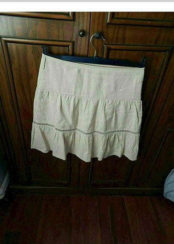 m Beden Mudo Beyaz Keten Fırfırlı Mini Etek