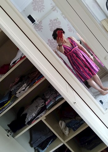 Pembe Batik Desenli Uzun Pliseli kısa  Elbise - Görsel 7