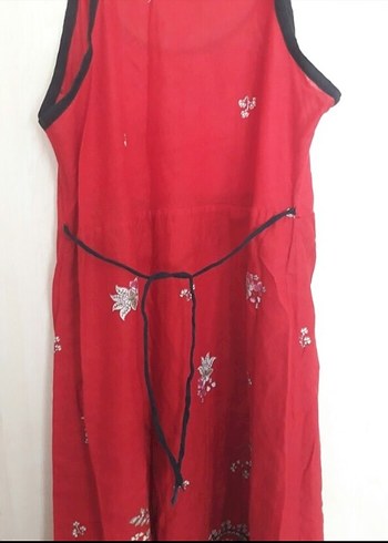 Askılı pamuklu kumastan Kırmızı uzun Elbise - Görsel 3