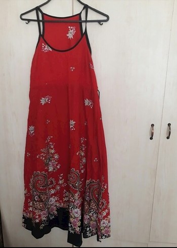 Askılı pamuklu kumastan Kırmızı uzun Elbise - Görsel 4