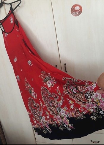 Askılı pamuklu kumastan Kırmızı uzun Elbise - Görsel 5