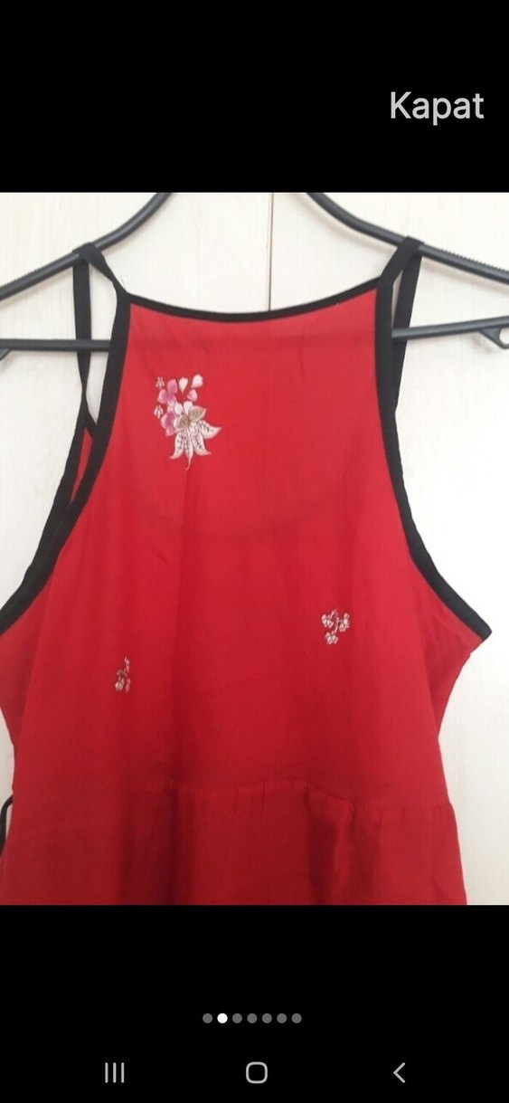 Askılı pamuklu kumastan Kırmızı uzun Elbise - Görsel 2