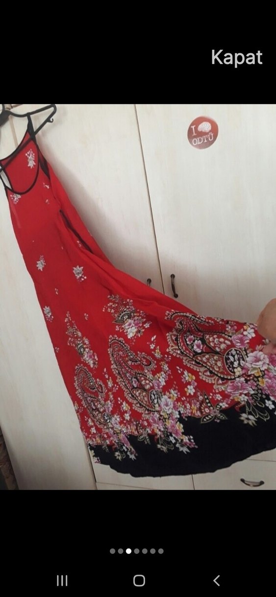 Askılı pamuklu kumastan Kırmızı uzun Elbise - Görsel 5