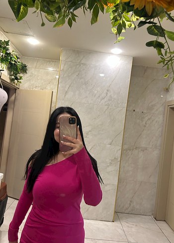 Parlak Pembe V Yaka Drapeli Mini Elbise - Görsel 2