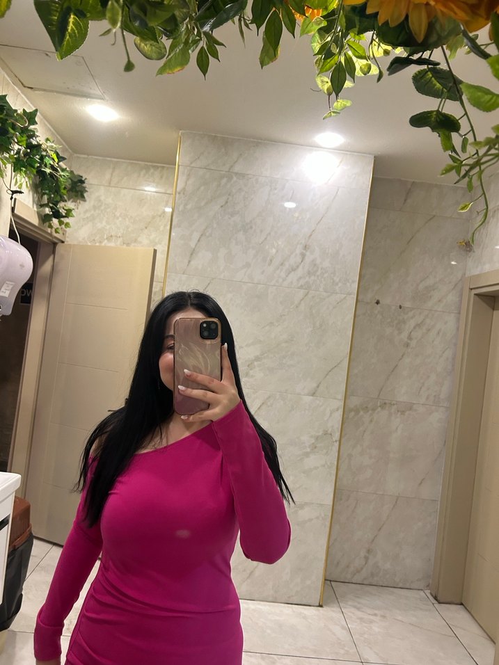 Parlak Pembe V Yaka Drapeli Mini Elbise - Görsel 2