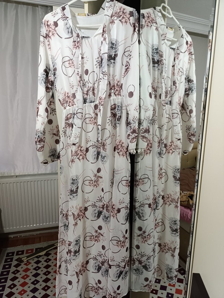 Uzun Kollu V Yaka Bohem Çiçekli Elbise - Görsel 2