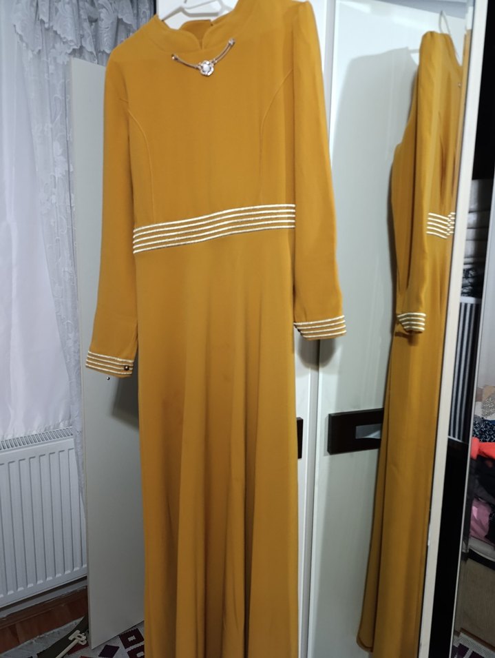 Sarı Uzun Kollu Drapeli Kadın Elbise - Görsel 2