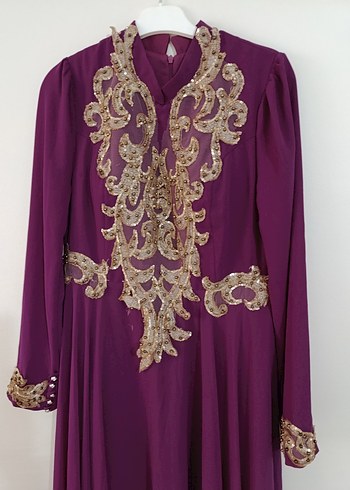 Uzun Mor İşlemeli Kadın Abiye Elbise - Görsel 2