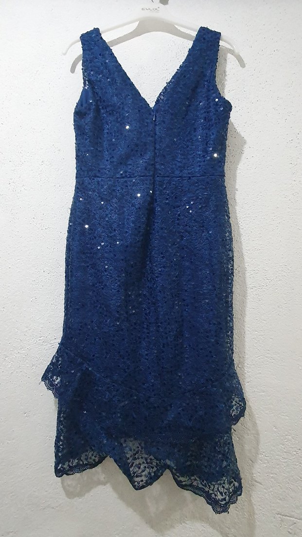 Lacivert Nakışlı Uzun Abiye Elbise - Görsel 2