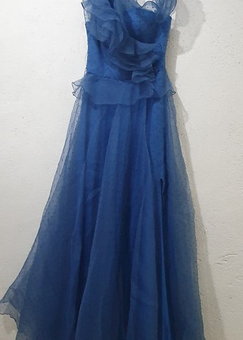 Uzun Kollu Mavi Vintage Abiye Elbise - Görsel 2