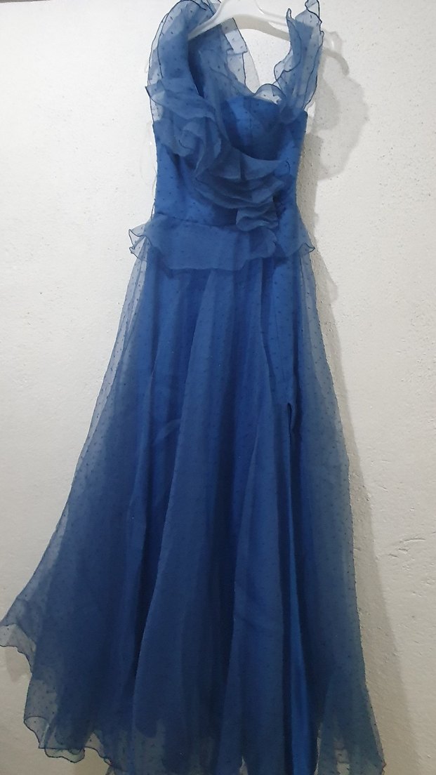 Uzun Kollu Mavi Vintage Abiye Elbise - Görsel 2