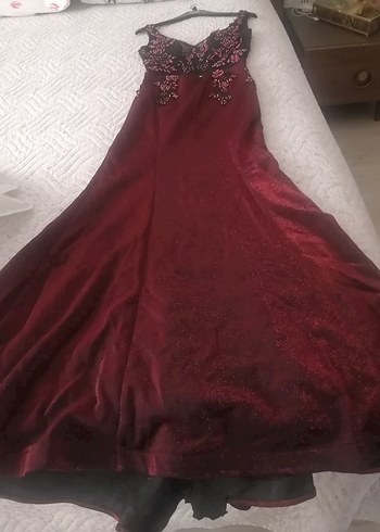 Diğer Bordo İşlemeli Uzun Abiye Elbise
