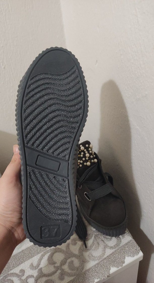 Siyah Süet Platform Topuklu Kadın Spor Ayakkabı - Görsel 3