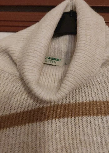 Bej Çizgili Boğazlı Triko Kazak - Görsel 2