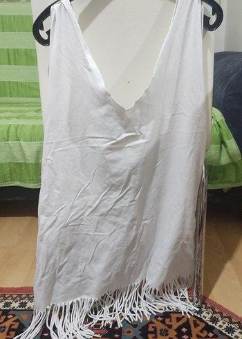 Baskılı Beyaz plaj elbisesi Püsküllü - Görsel 2