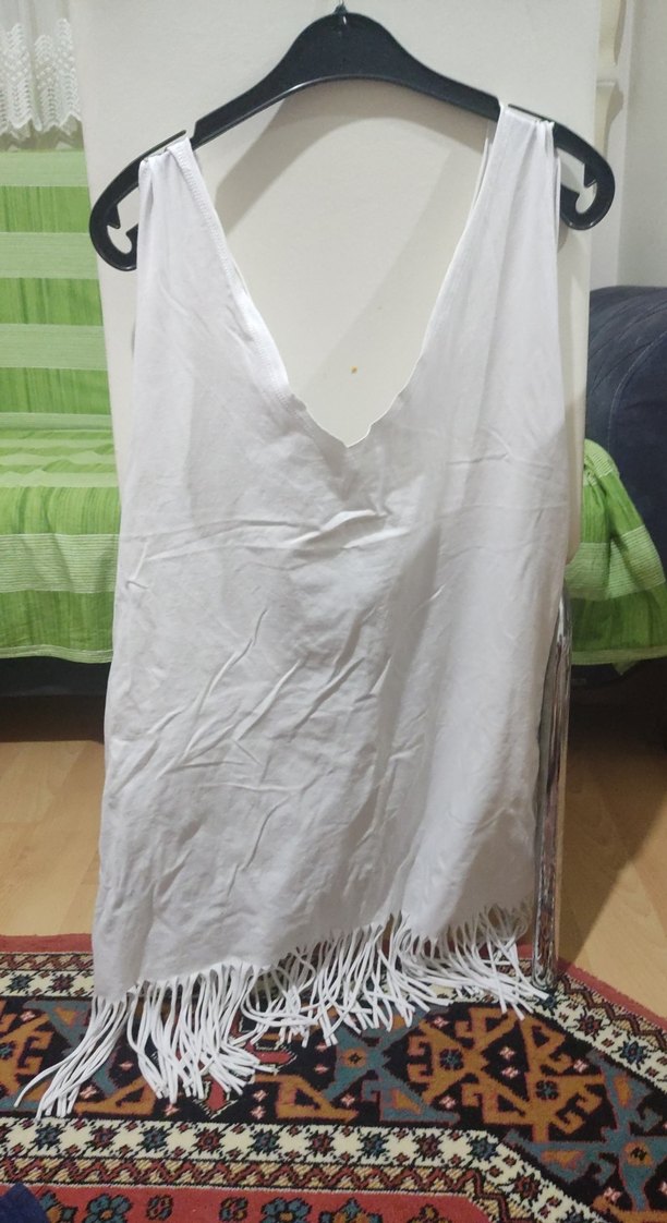 Baskılı Beyaz plaj elbisesi Püsküllü - Görsel 2