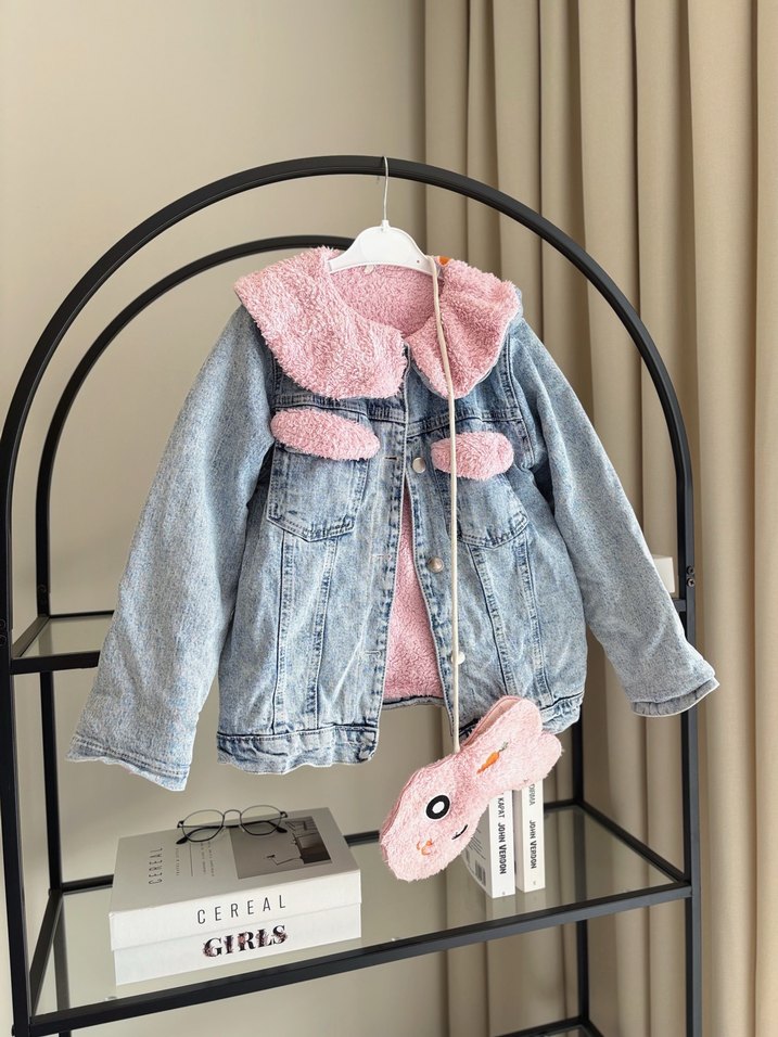 Kız Çocuk Pembe Kürklü Denim Ceket - Görsel 3