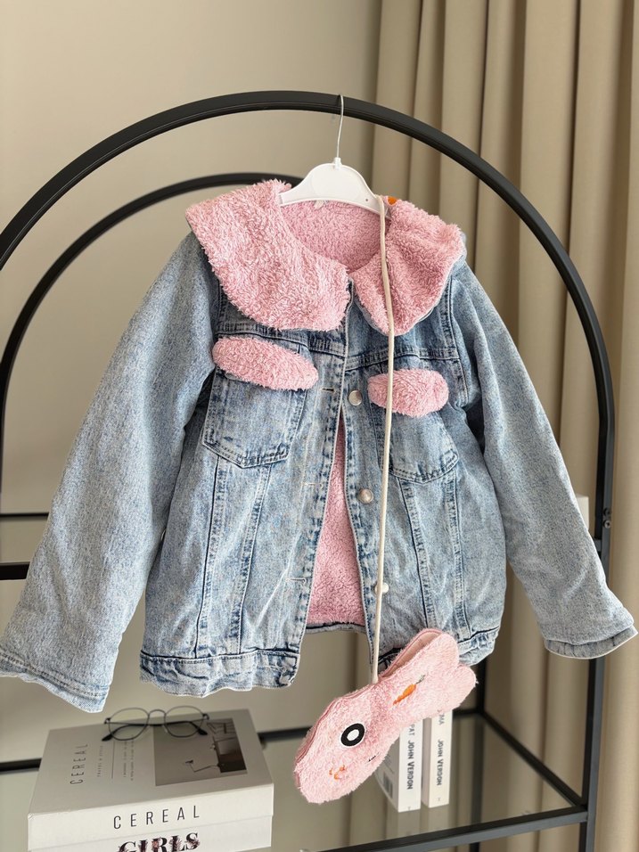 Kız Çocuk Pembe Kürklü Denim Ceket - Görsel 4