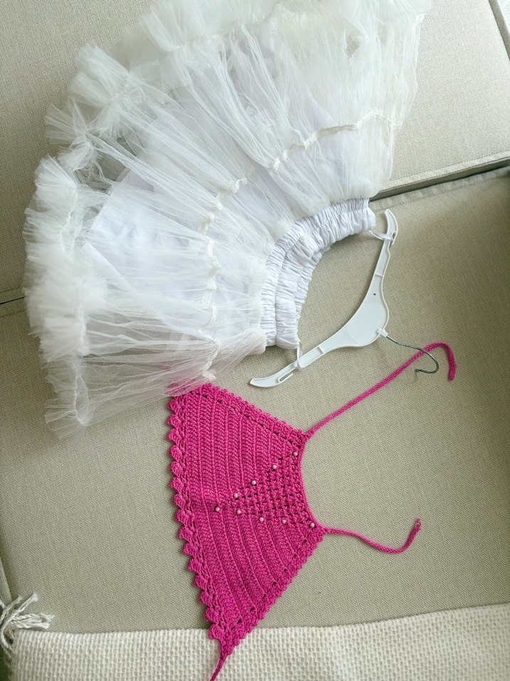 Pembe Dantel Detaylı Askısız Örgü Üst tütü etek - Görsel 4