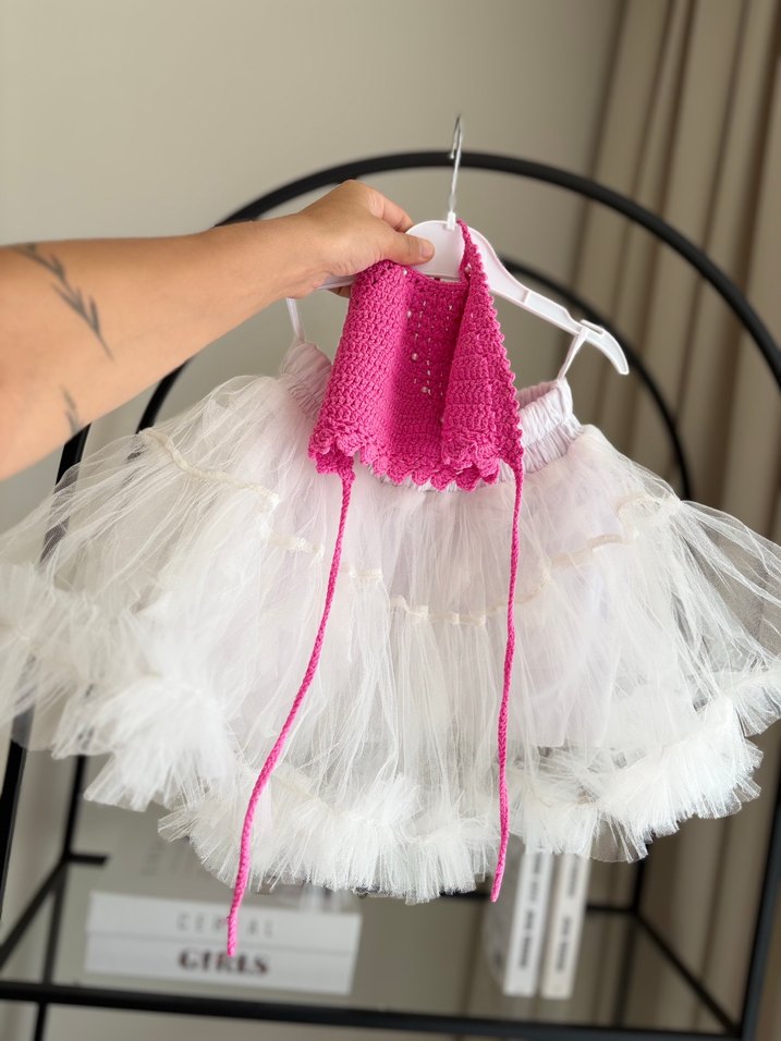 Pembe Dantel Detaylı Askısız Örgü Üst tütü etek - Görsel 5