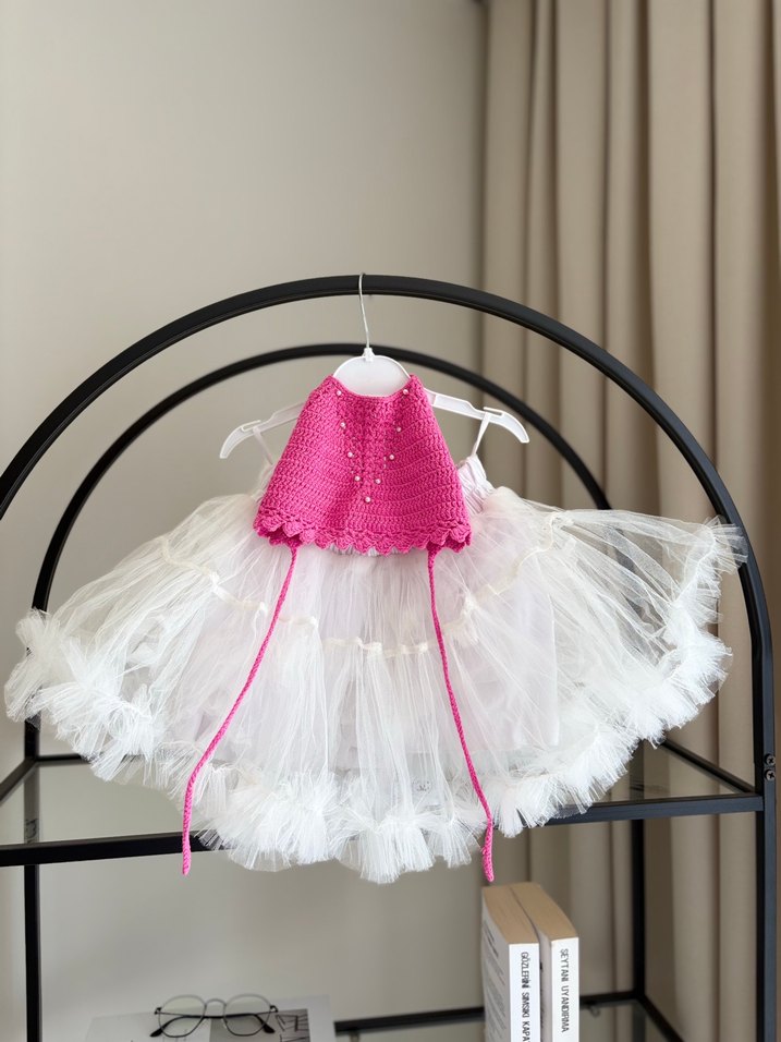 Pembe Dantel Detaylı Askısız Örgü Üst tütü etek - Görsel 3