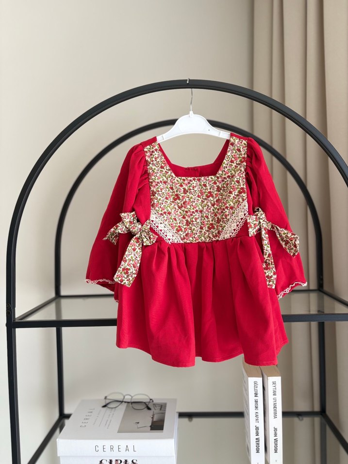 Kız Çocuk Kırmızı Nakışlı Bohem Elbise - Görsel 2