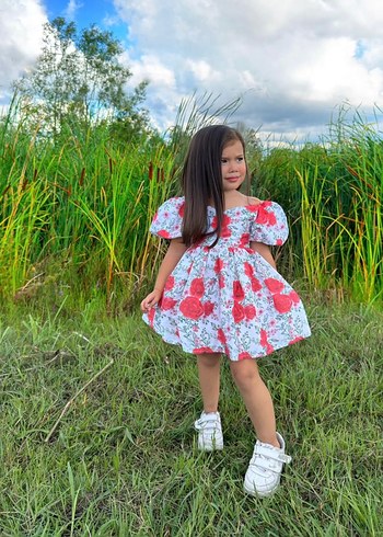 Kız Çocuk Çiçekli Dantel Detaylı Elbise - Görsel 4