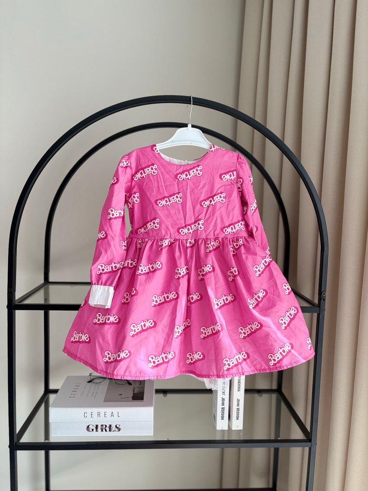 Pembe Barbie Baskılı Kız abiye elbise - Görsel 5