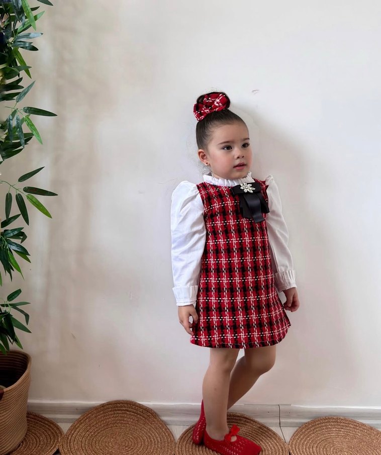 Kız Çocuk Kırmızı Ekoseli Pamuklu Elbise - Görsel 2