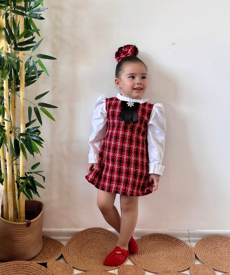 Kız Çocuk Kırmızı Ekoseli Pamuklu Elbise - Görsel 3