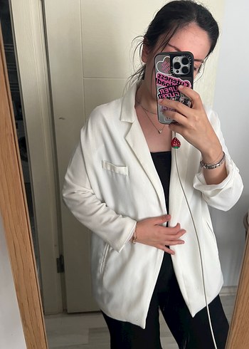 Beyaz Kadın Midi Blazer Ceket
