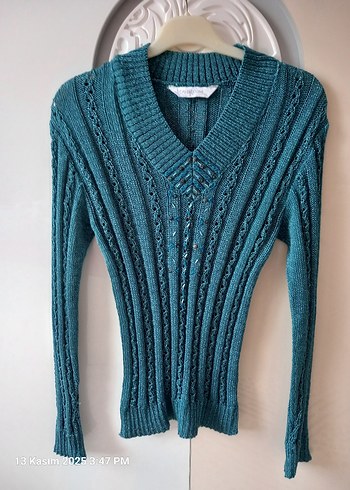 Kadın Turkuaz V Yaka Bohem Vintage Triko Kazak - Görsel 2