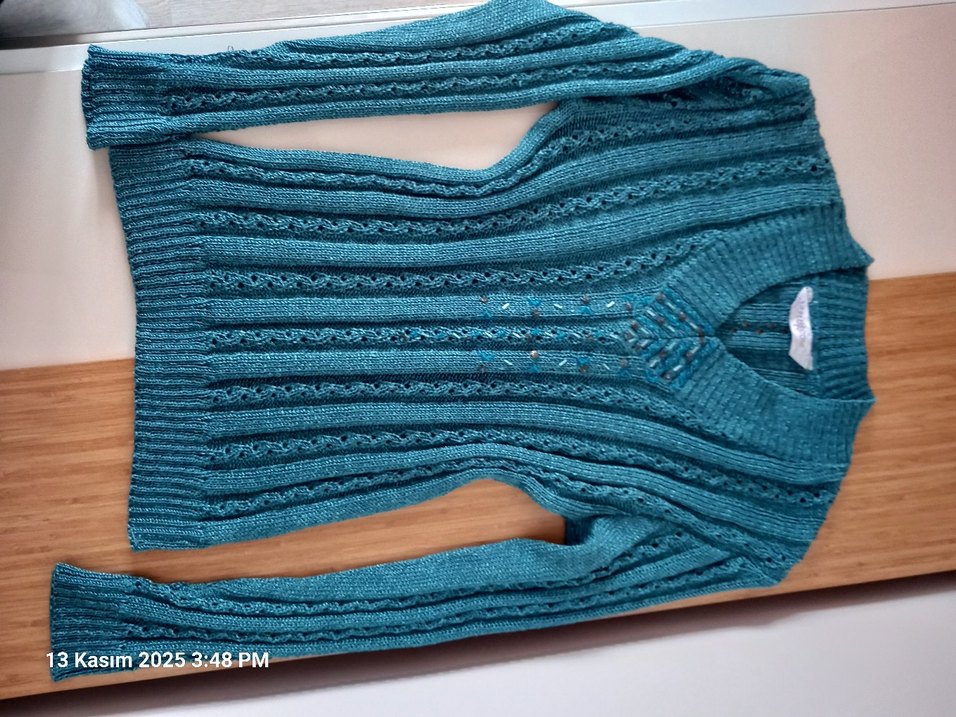 Kadın Turkuaz V Yaka Bohem Vintage Triko Kazak - Görsel 3