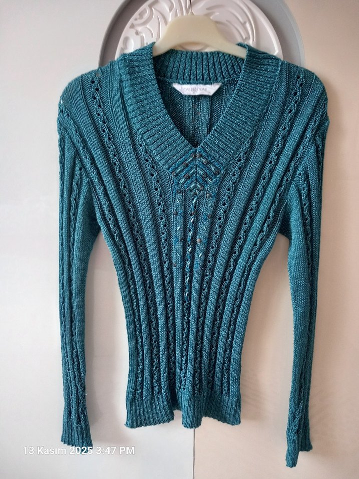 Kadın Turkuaz V Yaka Bohem Vintage Triko Kazak - Görsel 2