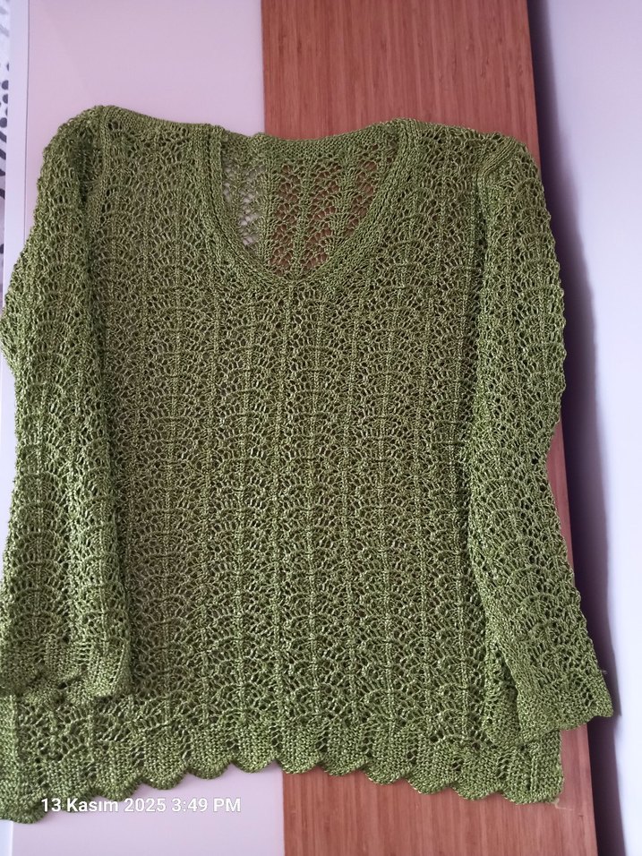 V Yaka Parlak Yeşil Bohem/Vintage Triko Kadın Kazak - Görsel 4