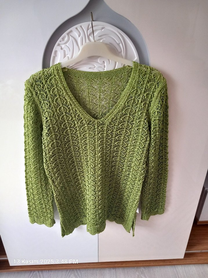 V Yaka Parlak Yeşil Bohem/Vintage Triko Kadın Kazak - Görsel 2