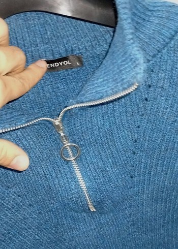 Yarım Fermuarlı Mavi Örgü Kadın Kazak - Görsel 2