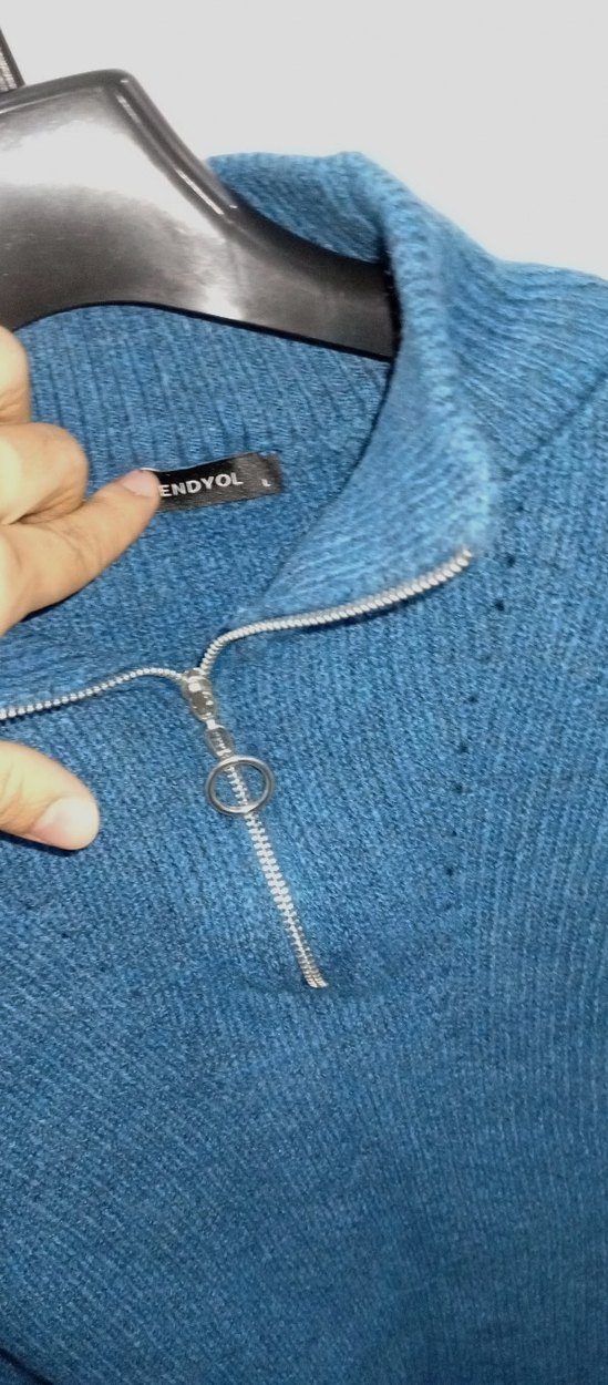 Yarım Fermuarlı Mavi Örgü Kadın Kazak - Görsel 2