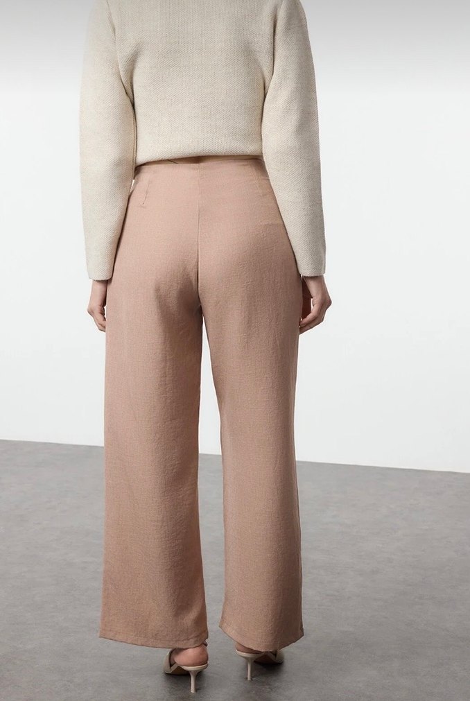 Bej Regular Fit Keten Kumaş Kadın Pantolon - Görsel 2