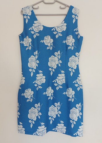 Mavi Çiçek Desenli Kemerli Kalem Elbise - Görsel 5