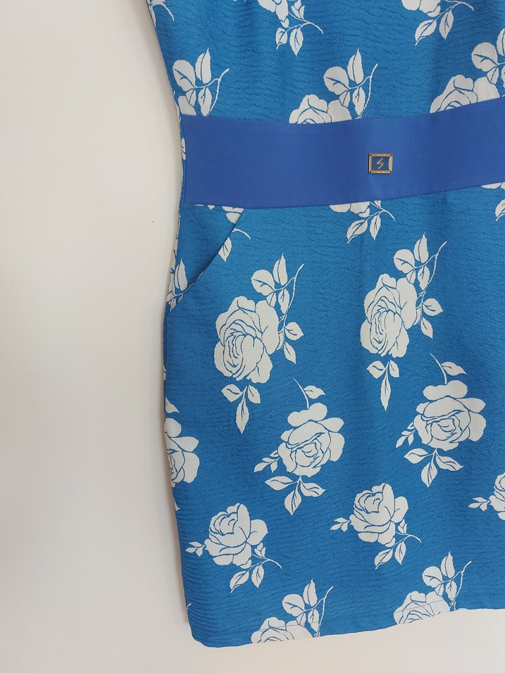 Mavi Çiçek Desenli Kemerli Kalem Elbise - Görsel 4