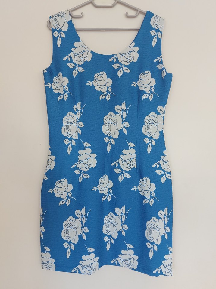 Mavi Çiçek Desenli Kemerli Kalem Elbise - Görsel 5