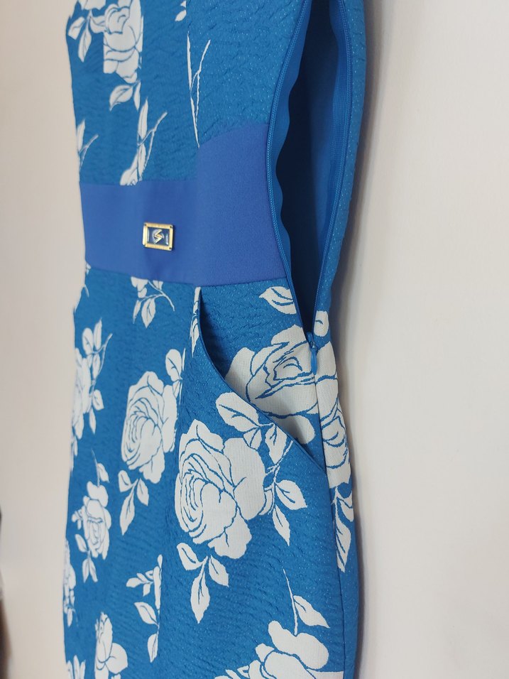 Mavi Çiçek Desenli Kemerli Kalem Elbise - Görsel 3