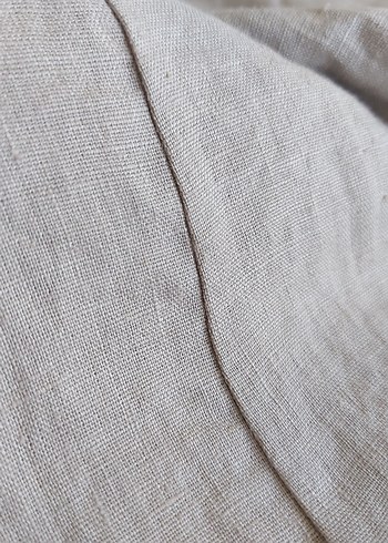 Bej Kolsuz Düğmeli Midi Keten Elbise - Görsel 6