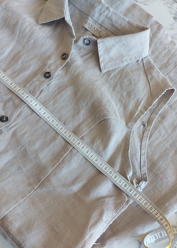 Bej Kolsuz Düğmeli Midi Keten Elbise - Görsel 5